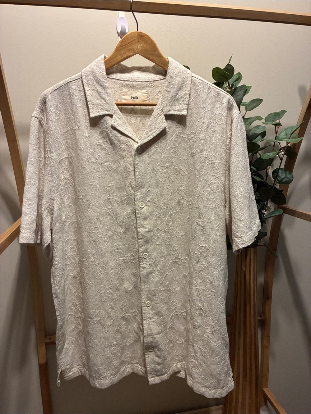 Folk Cream Short-Sleeve Textured Button-Down Shirt